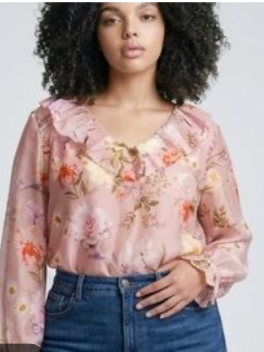 Floral Pink V-Neck Ruffle Blouse